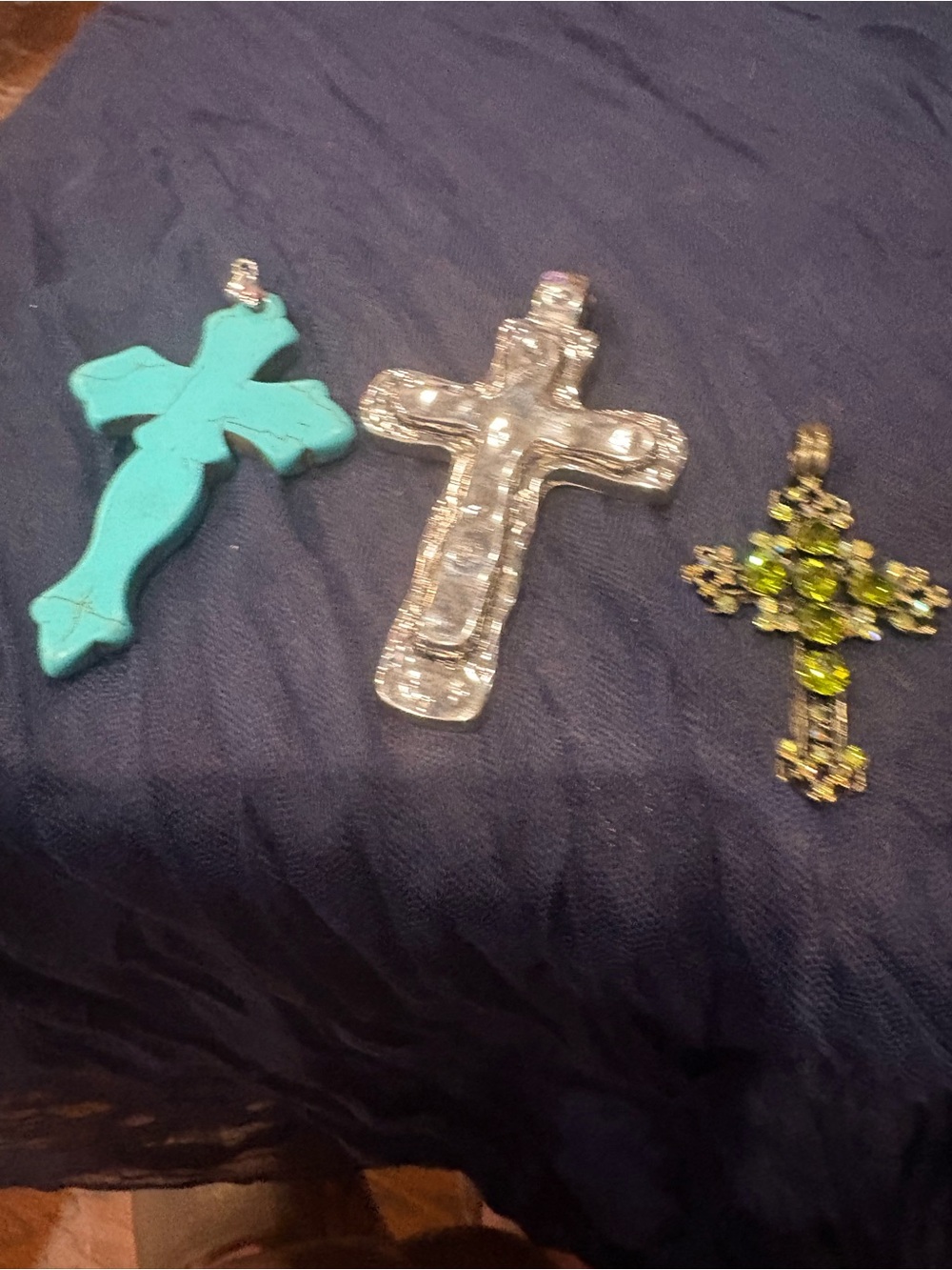 Source Unknown Turquoise, Clear and Green Cross Pendant Trio